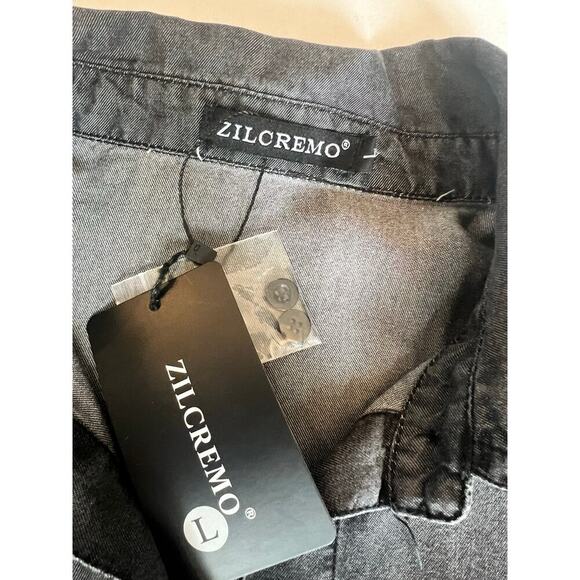 NWT Zilcremo Denim Shirt Dress, Short Sleeve, Button Up, Tunic, Distressed, Gray - Picture 2 of 8